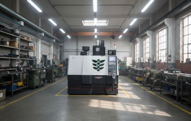 high-speed-machining-centers CNC turning machine with green logo detail in a traditional machine shop.