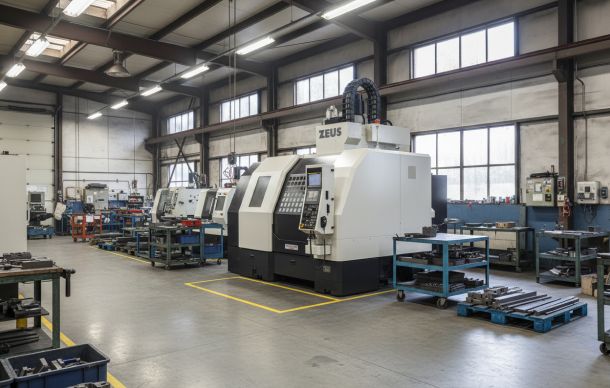 high-speed-milling-machine Zeus CNC lathe machine in an industrial metalworking workshop.