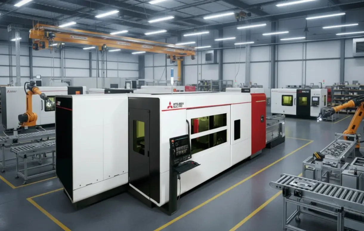 Mitsubishi fiber laser cutting machine on a modern fabrication shop floor with robotic automation systems
