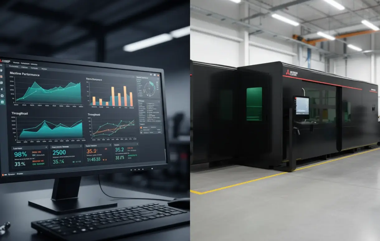 Split view of remote360 laser monitoring software dashboard on a monitor alongside a Mitsubishi fiber laser machine